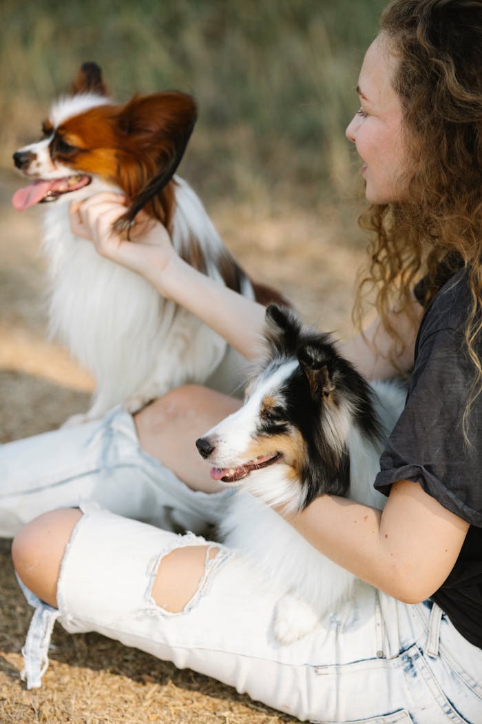 A woman petting a Papillon and Shetland Sheepdog outdoors, showcasing their camaraderie and joy.